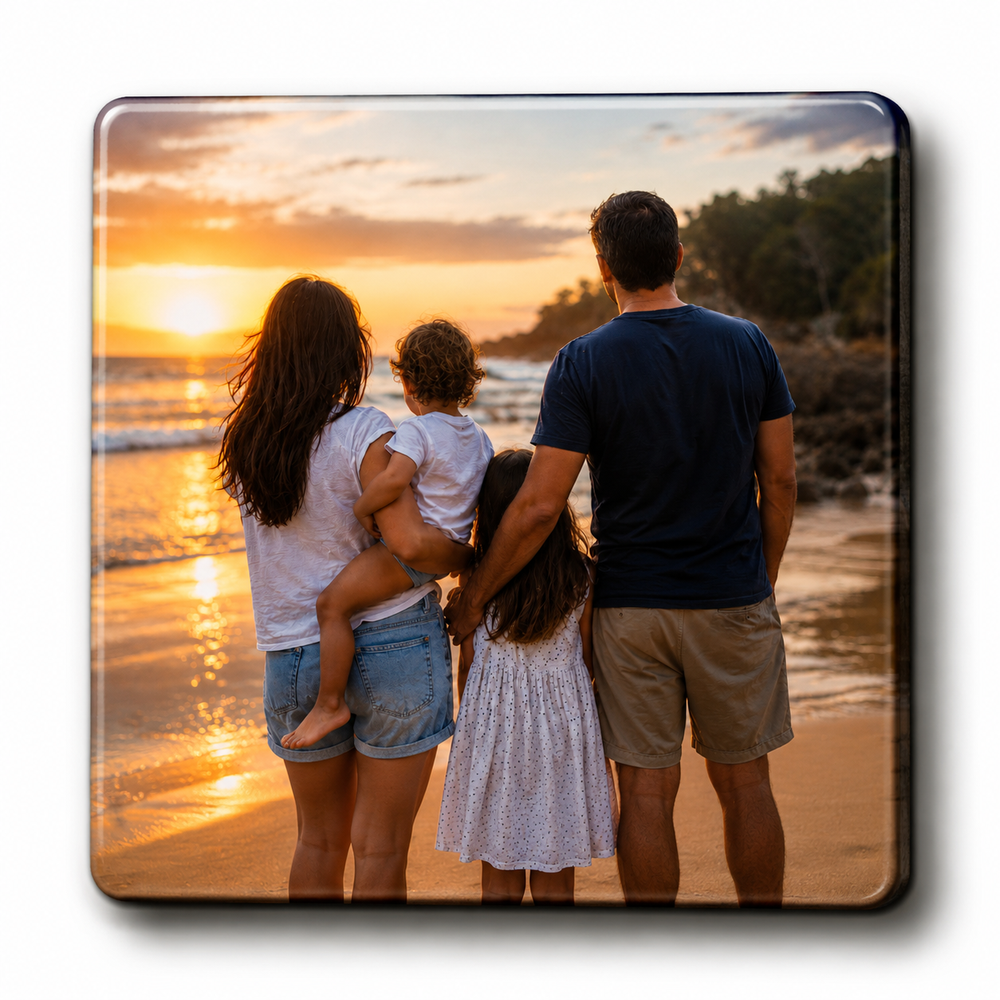 Square photo magnet showing a family watching a beach sunset